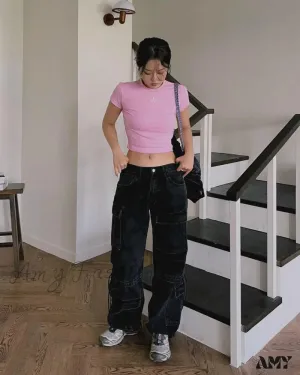 Amy Fashion - 2024 Autumn New Fashionable Women's Cargo European and American Style Retro Y2K Pocket Loose Overalls Jean
