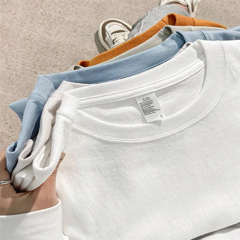 ARWEN& AJH GROUP 2024 New  مجموعة أروين  Solid Color 320g Heavy T-shirt Men's Summer Loose Cotton Youth Pure White Couple Inner Top Bottoming Shirt