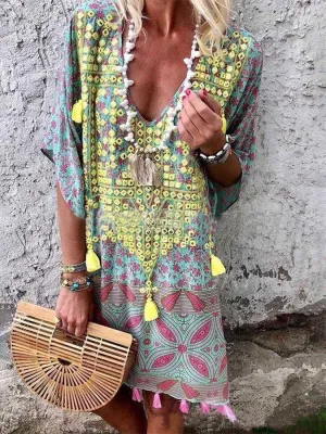 Bohemian V-neck Print Midi Dress