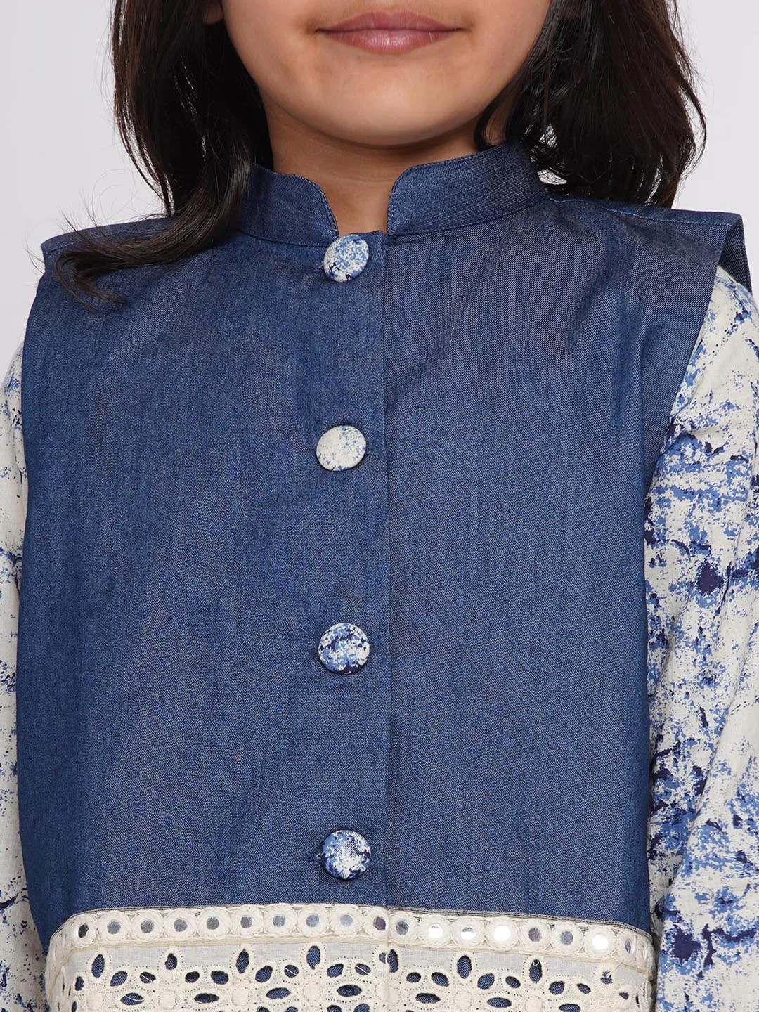 Girl's Denim Jacket with Patchwork and Marble Kurta with Patchwork Plazzo - Denim Blue - Little Bansi Girls