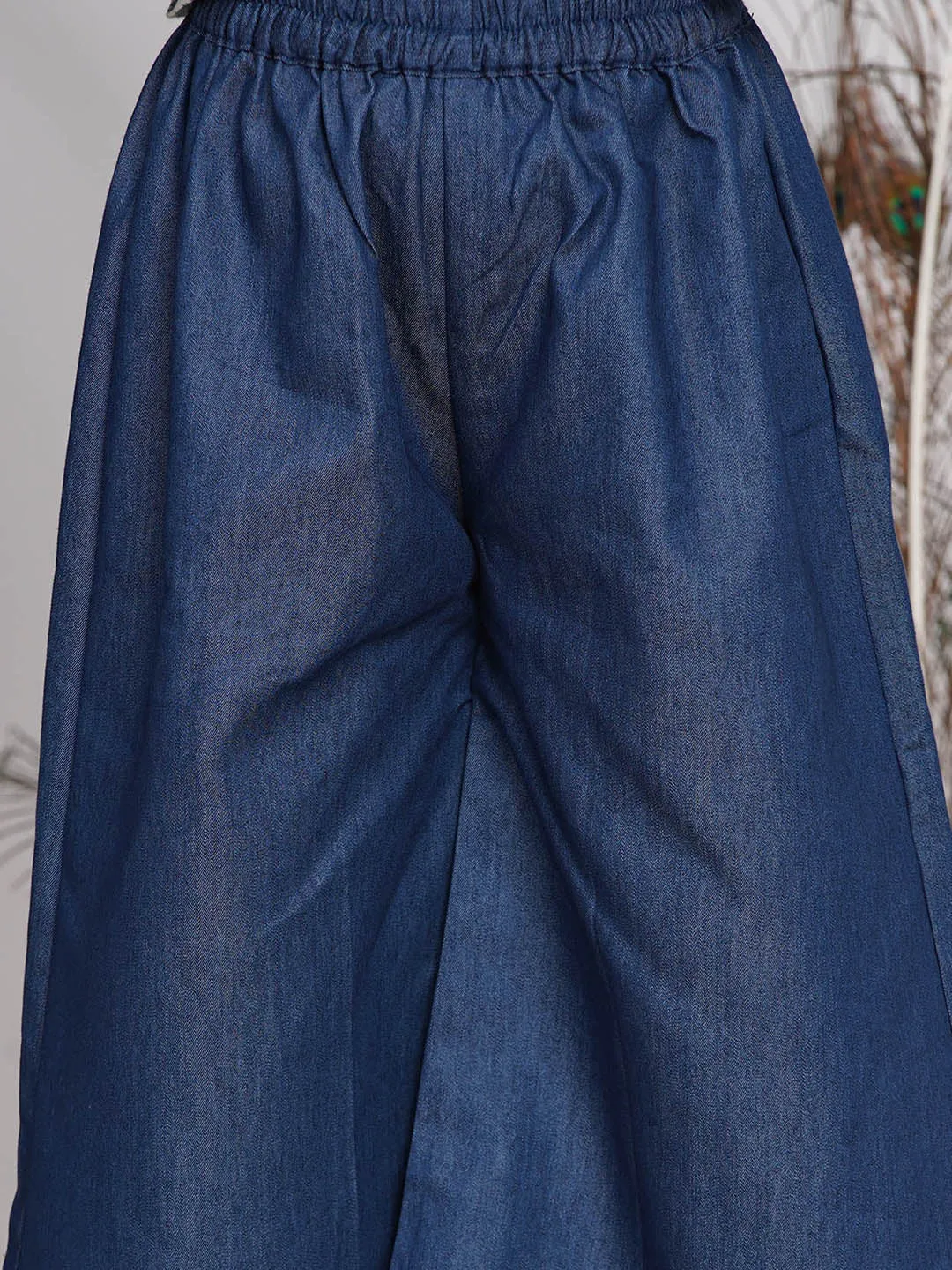 Girl's Denim Jacket with Patchwork and Marble Kurta with Patchwork Plazzo - Denim Blue - Little Bansi Girls
