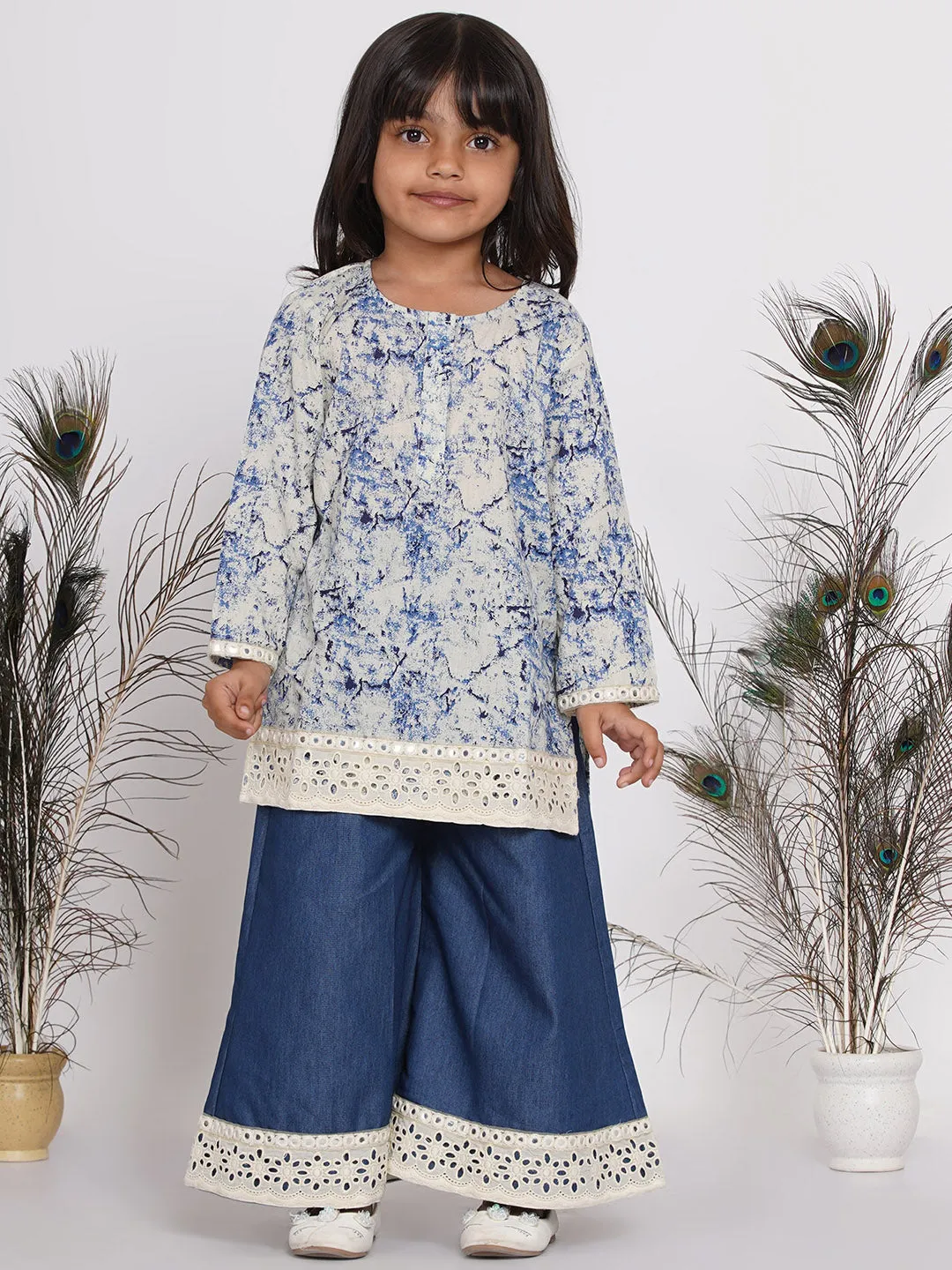 Girl's Denim Jacket with Patchwork and Marble Kurta with Patchwork Plazzo - Denim Blue - Little Bansi Girls