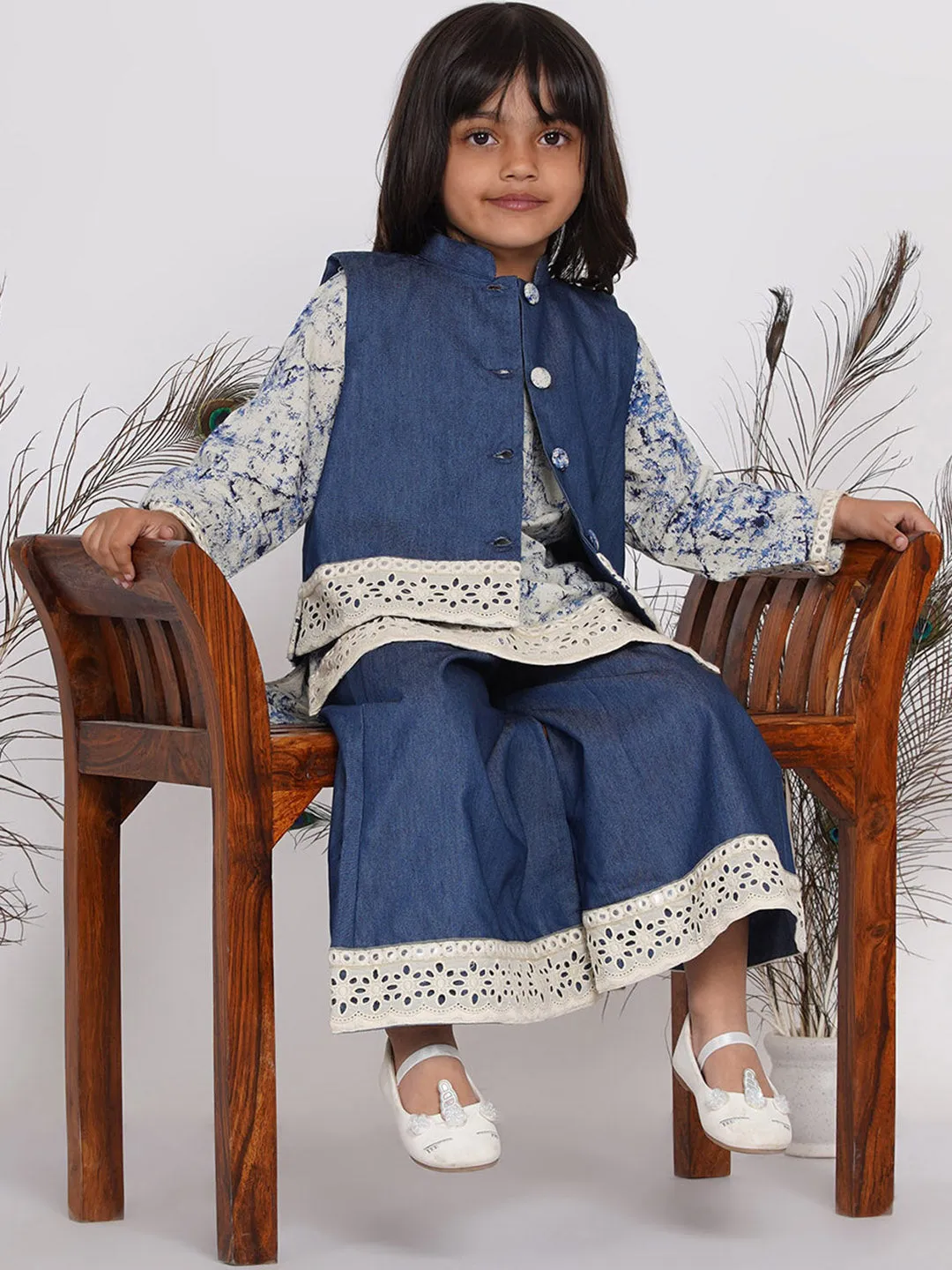 Girl's Denim Jacket with Patchwork and Marble Kurta with Patchwork Plazzo - Denim Blue - Little Bansi Girls