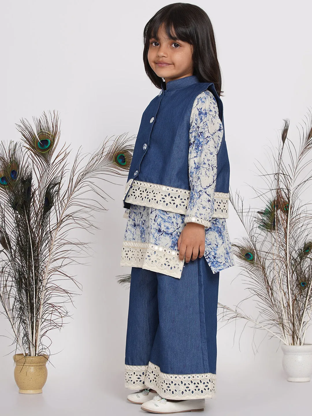 Girl's Denim Jacket with Patchwork and Marble Kurta with Patchwork Plazzo - Denim Blue - Little Bansi Girls