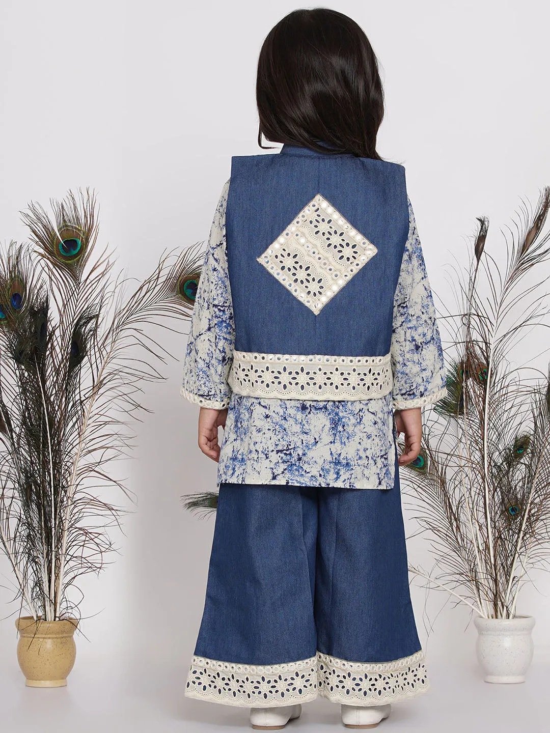 Girl's Denim Jacket with Patchwork and Marble Kurta with Patchwork Plazzo - Denim Blue - Little Bansi Girls