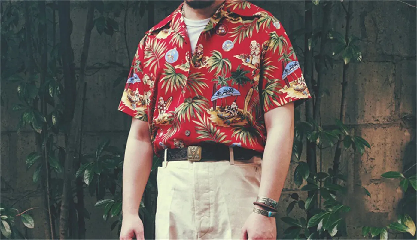 Men's Hawaiian Aloha Floral Print Shirt - Short Sleeves - Cuban Collar - 100% Cotton - Vintage Style
