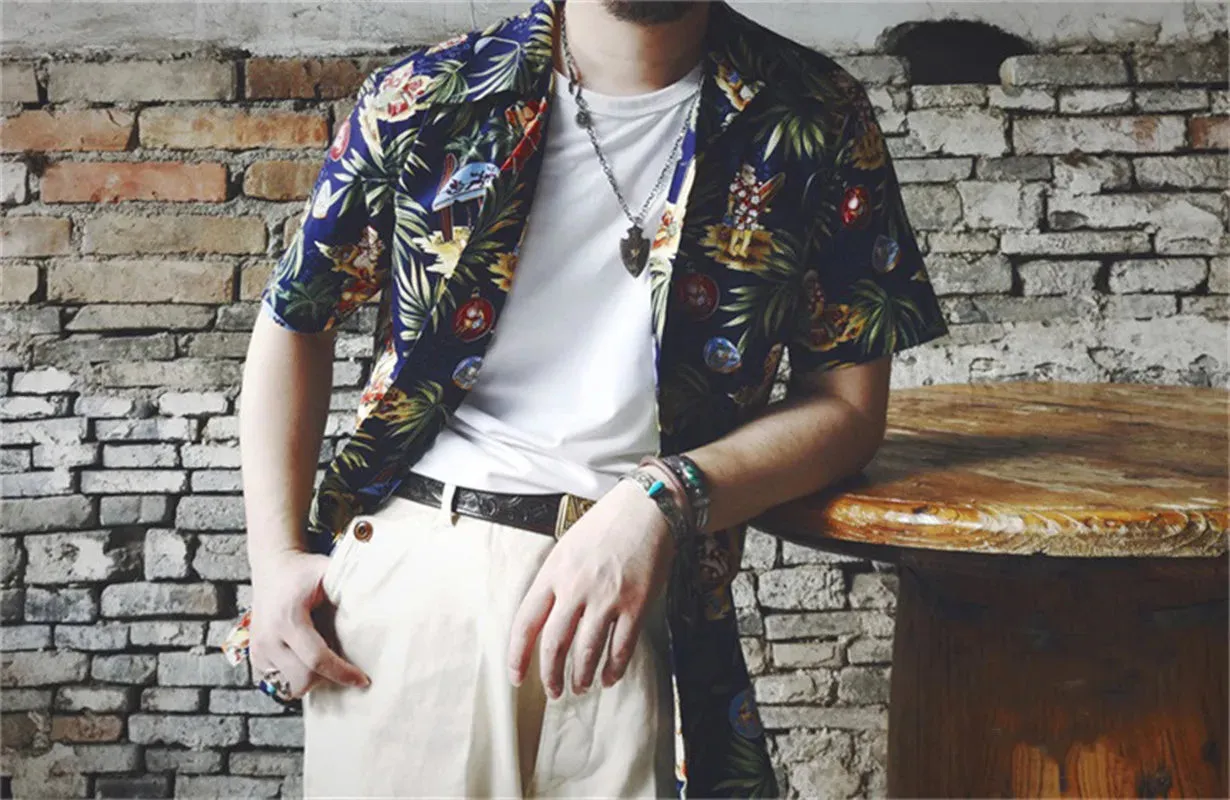 Men's Hawaiian Aloha Floral Print Shirt - Short Sleeves - Cuban Collar - 100% Cotton - Vintage Style