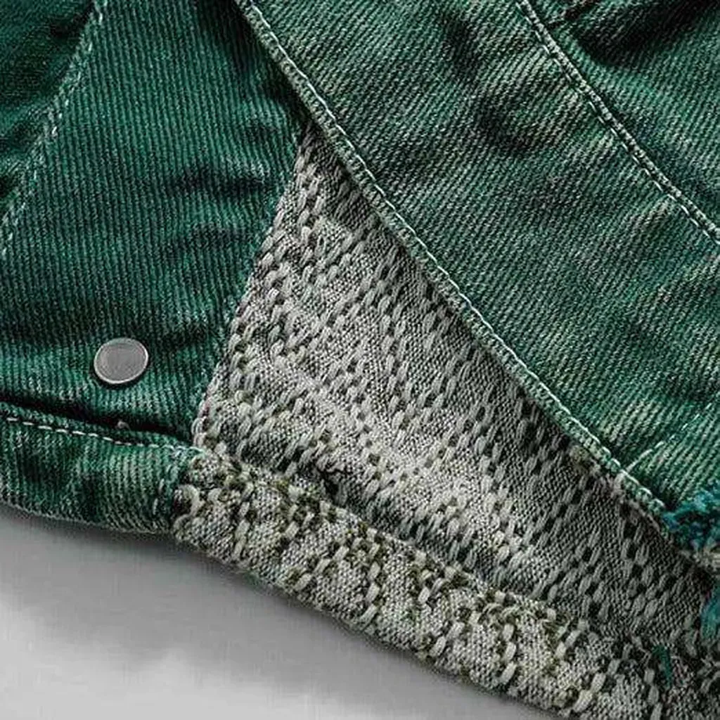 Patchwork green men's denim jacket