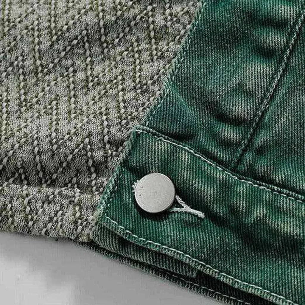 Patchwork green men's denim jacket