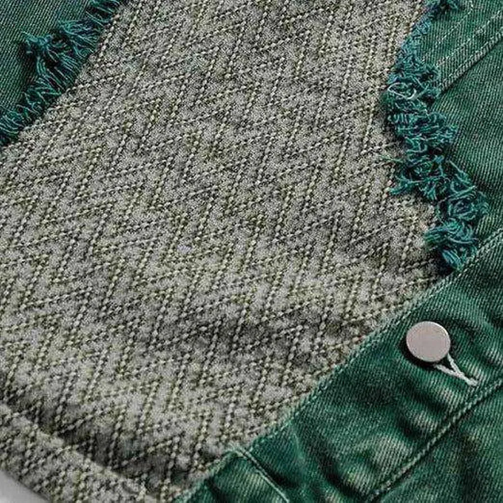 Patchwork green men's denim jacket