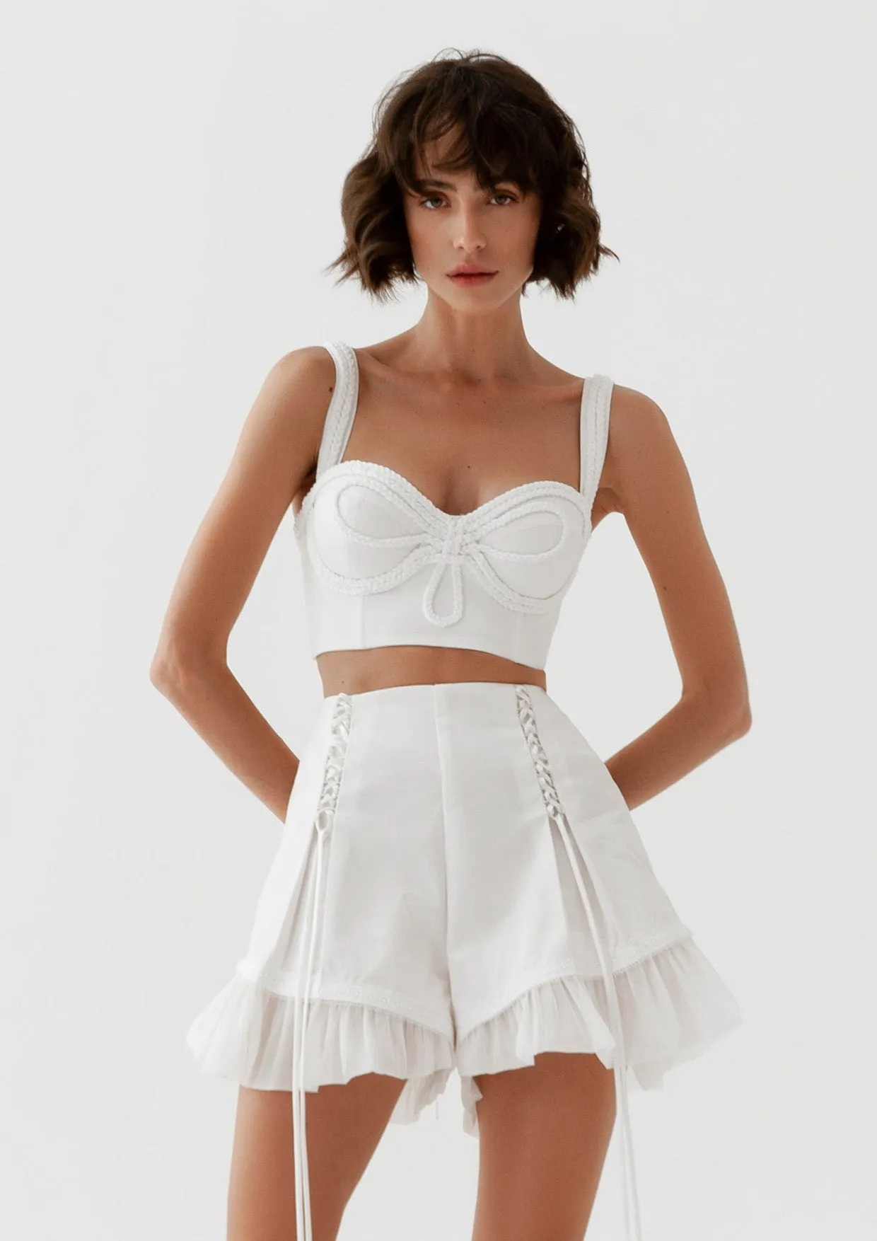 Provance Lace-Up Frilled Cotton Shorts