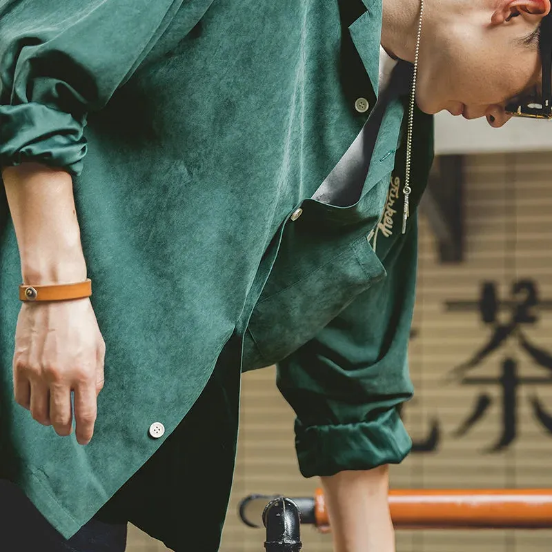 Vintage Dark Green Shirt with Peach Fleece Brushed Embroidery and Polo Neck