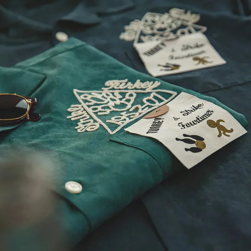 Vintage Dark Green Shirt with Peach Fleece Brushed Embroidery and Polo Neck