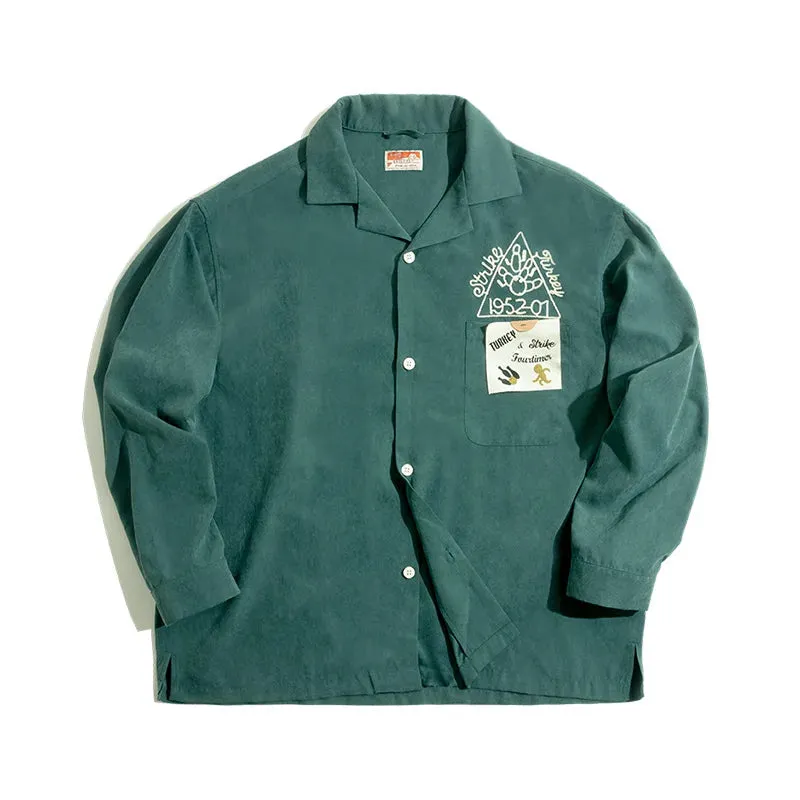Vintage Dark Green Shirt with Peach Fleece Brushed Embroidery and Polo Neck