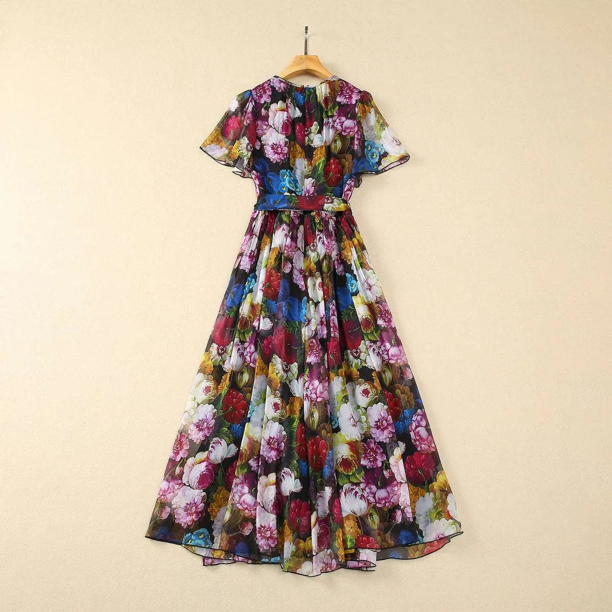 Women's Large Skirt Front Pleated Silk Chiffon Dress
